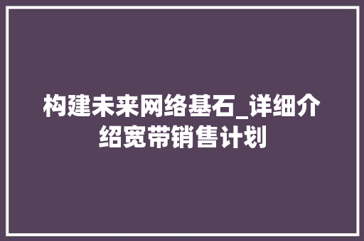 构建未来网络基石_详细介绍宽带销售计划