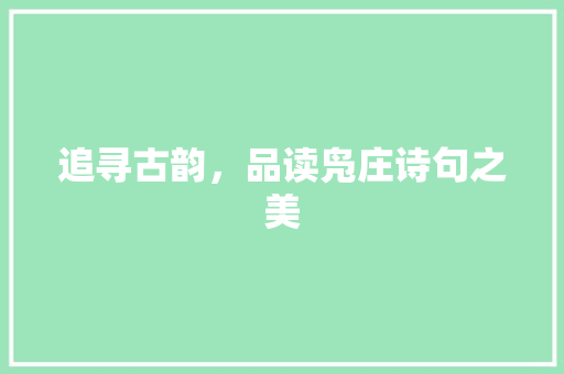 追寻古韵，品读凫庄诗句之美