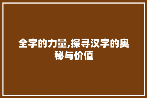 全字的力量,探寻汉字的奥秘与价值