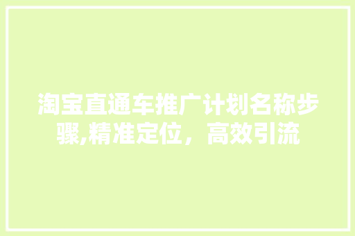 淘宝直通车推广计划名称步骤,精准定位，高效引流