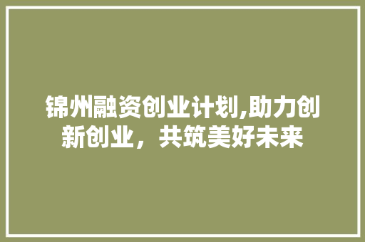 锦州融资创业计划,助力创新创业，共筑美好未来